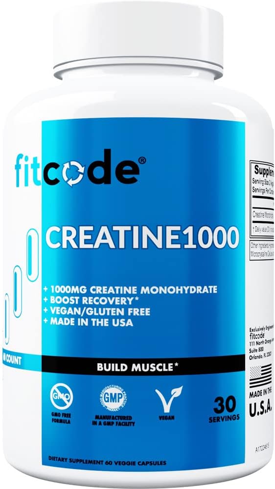 fitcode Creatine 1000, 1 gram čistého monohydrátu kreatinínu v každej dávke, Veggie Capsules (30 dávok)