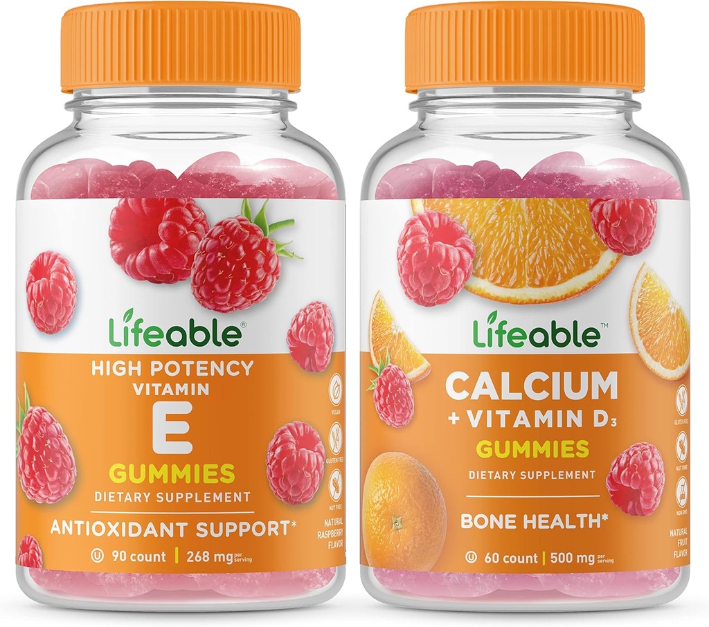 Životaschopný vitamín E + vápnik s vitamínom D, Gumies Bundle - veľké ochutnávky, vitamínové doplnky, bez lepku, bez GMO, Žuvacia Gummy
