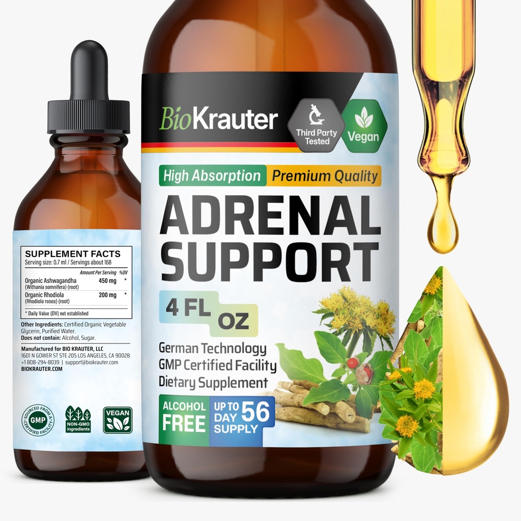 BIO KRAUTER Adrenal Support Tinture - Rhodiola & Ashwagandha Supplements - Vegan Mood Support Drops 4 Fl.Oz.