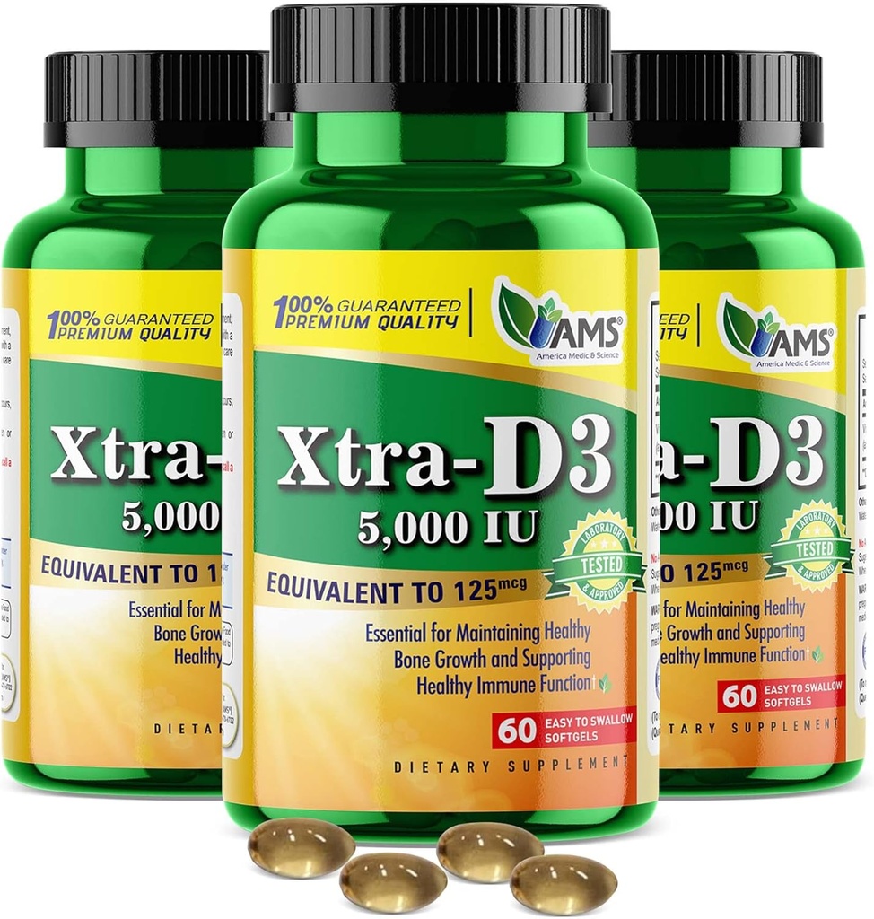 Amerika Medic & Science Xtra D3 Vitamín D 5 000 IU (125 μg)Cholekalciferol Dodatok pre mužov a ženy (180Jednoduché prehltnúť softgely) 3pack