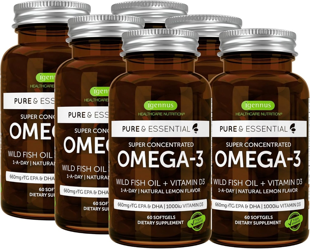 Igennus Advanced rTG Omega-3 IFOS Certified Wild Fish Oil & Vitamin D3, 1-a-day, Mastné kyseliny EPA & DHA, Fast-Acting Triglycerid Form, Ultra Pure & Non-GMO, 360 Softgels