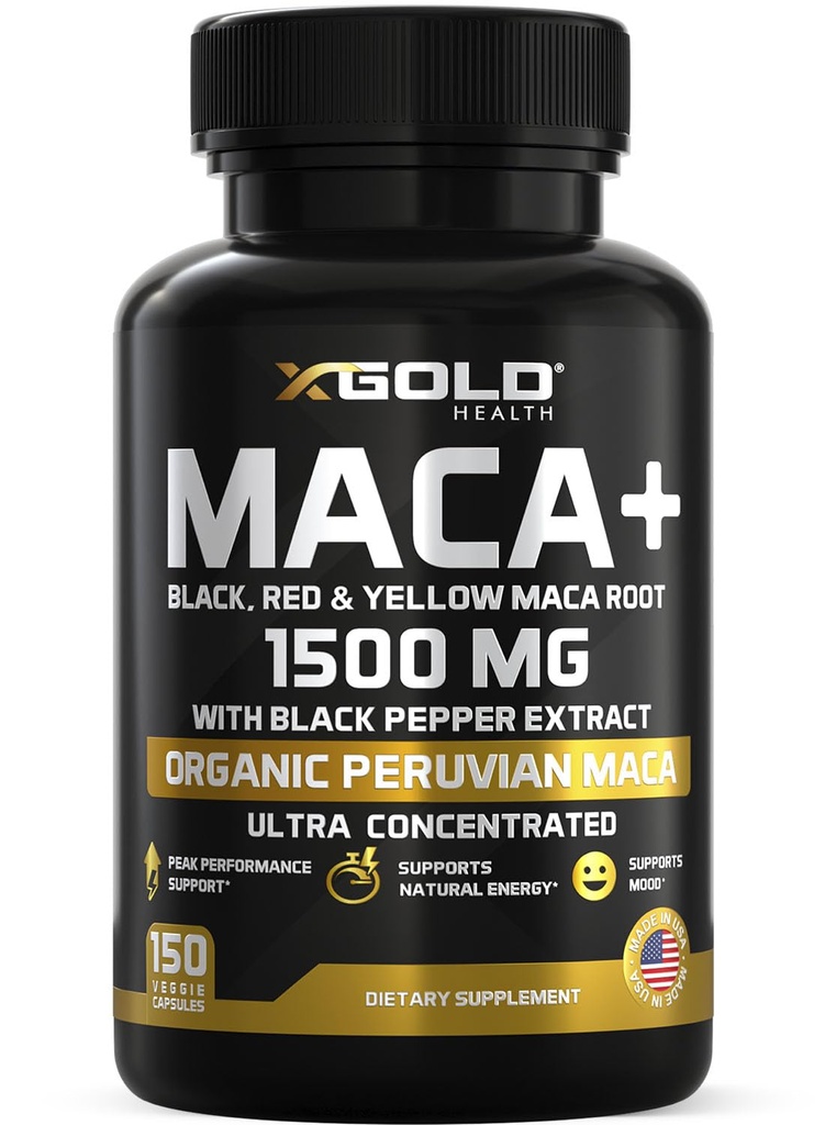 X Gold Health Organic Maca Root Powder Kapsule 1500 mg s čiernym 