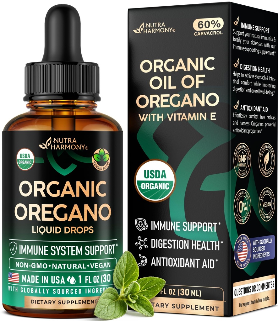 USDA Organic Oil of Oregano - Tekuté kvapky s vitamínom E - Made in USA - Supplement for Immune Support, Digestion Health & Antioxidant - Non-GMO, Natural, Vegan - As Pills, Capsules, Softgels 1 fl oz