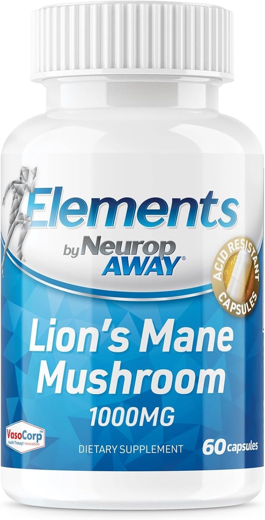 NeuropAWAY Elements Organic Lions Mane Mushrom Extract Kapsule (60 Acid Rezistentné kapsule na fľašu) Tretia strana testované vyrobené v cGMP zariadení