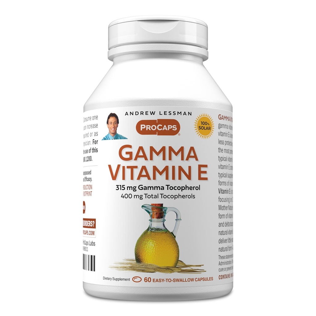 ANDREW LESSMAN Gama Vitamín E 60 Softgels - 315 mg Gamma Tocopherol, Ochranné vitamín E. Štyri formy prírodných tokoferolov s ahiflower olej. Výkonný antioxidant. Žiadne syntetické formy