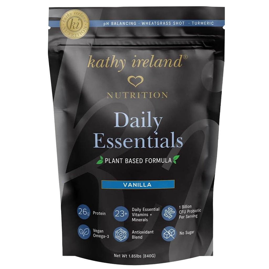 Kathy Ireland Plant- Based Vanilla Protein Powder, 26g Protein, Low-Carb Meal Replacement, Pea, Mung & Fava Bean Blend with Probiotics, Vitamíny & Minerals, 1,85 lbs
