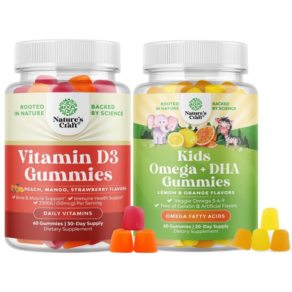 Bundle of Vitamin D3 Gummies for Daily Wellness with 2000IU per Serving Bone Muscle & Immune Support and Kids DHA Omega 3 Gummies - Mastné kyseliny Omega 3 6 9 for Brain, Immune Strength & Vision
