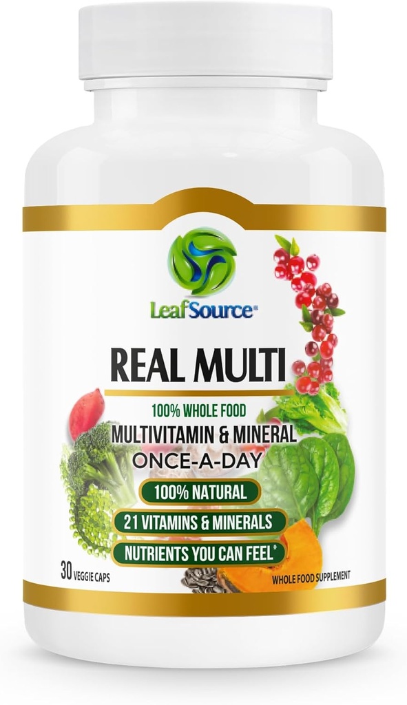 LEAFSOURCE Real Multi, Multivitamin Whole Food Supplement - 21 Vitamins & Minerals Made from Real Food. Vegan, Plant-Based Nutrients Made from Real Fruits Veggies & Whole Foods (30 vcap)
