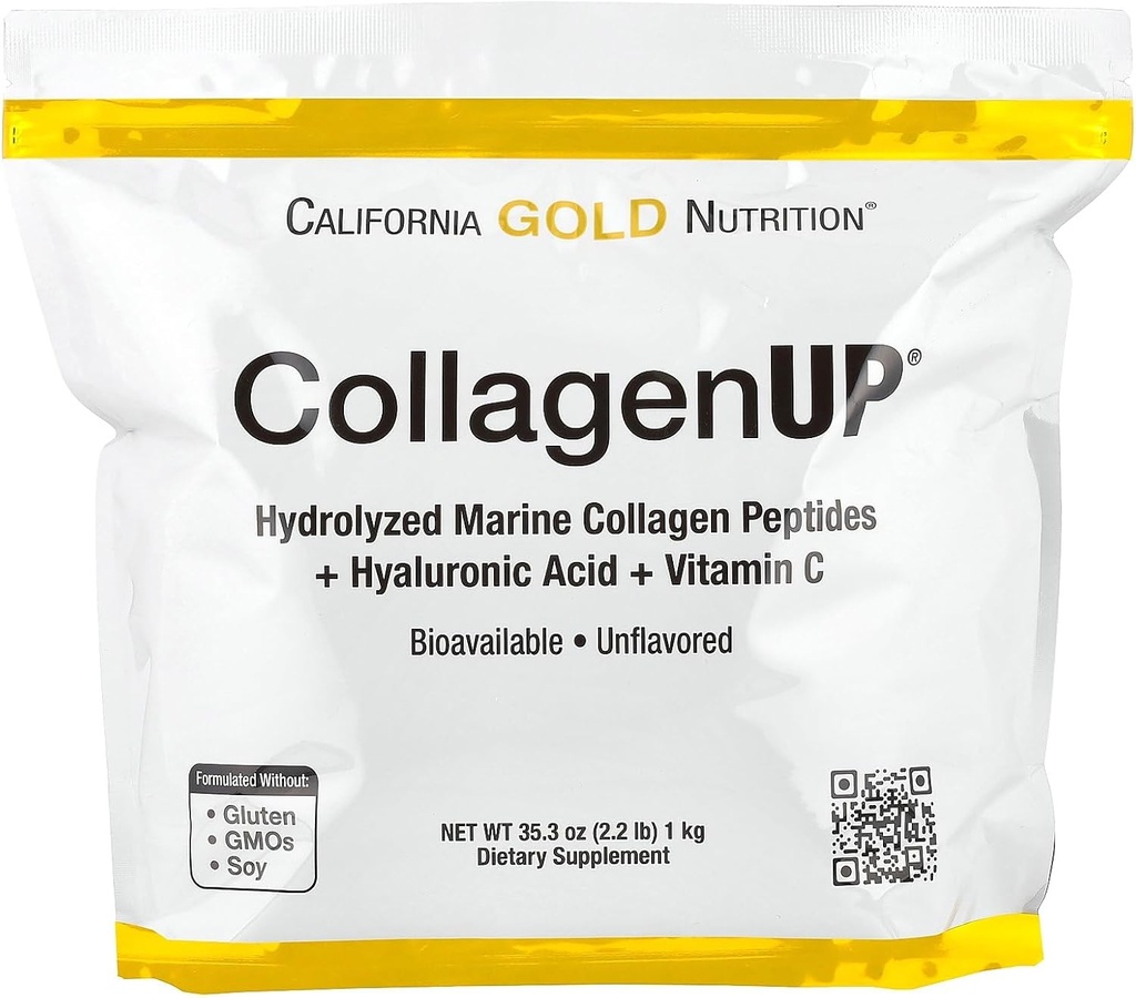 Kalifornia Gold Nutrition CollagenUP®, Hydrolyzované morské kolagénové Peptidy s kyselinou hyalurónovou a vitamínom C, bez príchute, 2,2 lb (1 kg)