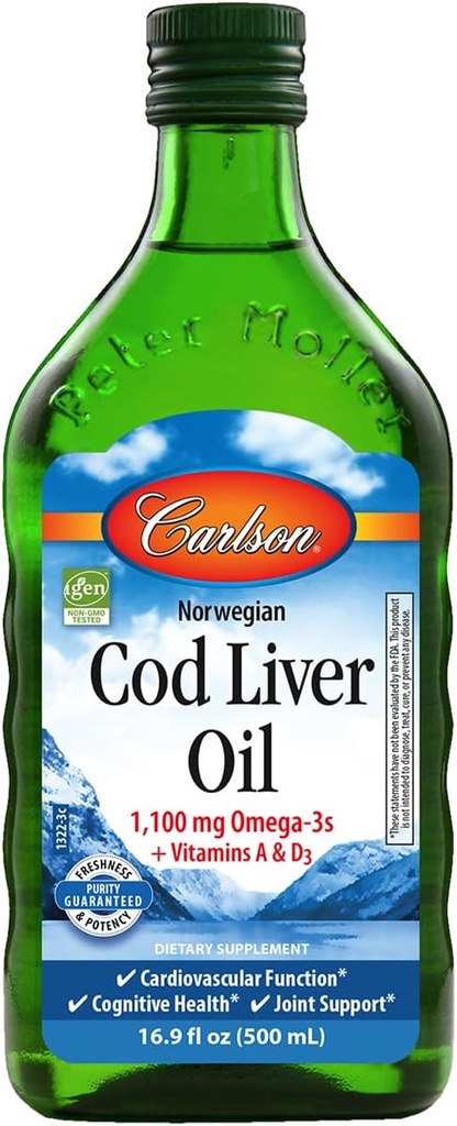 Carlson - Cod Liver Oil, 1100 mg Omega-3s + A & D3, Wild-Caught Norwegian Arktic Cod-Liver Oil, Udržateľne Zdroj Nordic Fish Oil Liquid, unflavored, 500 ml (16,9 Fl Oz)