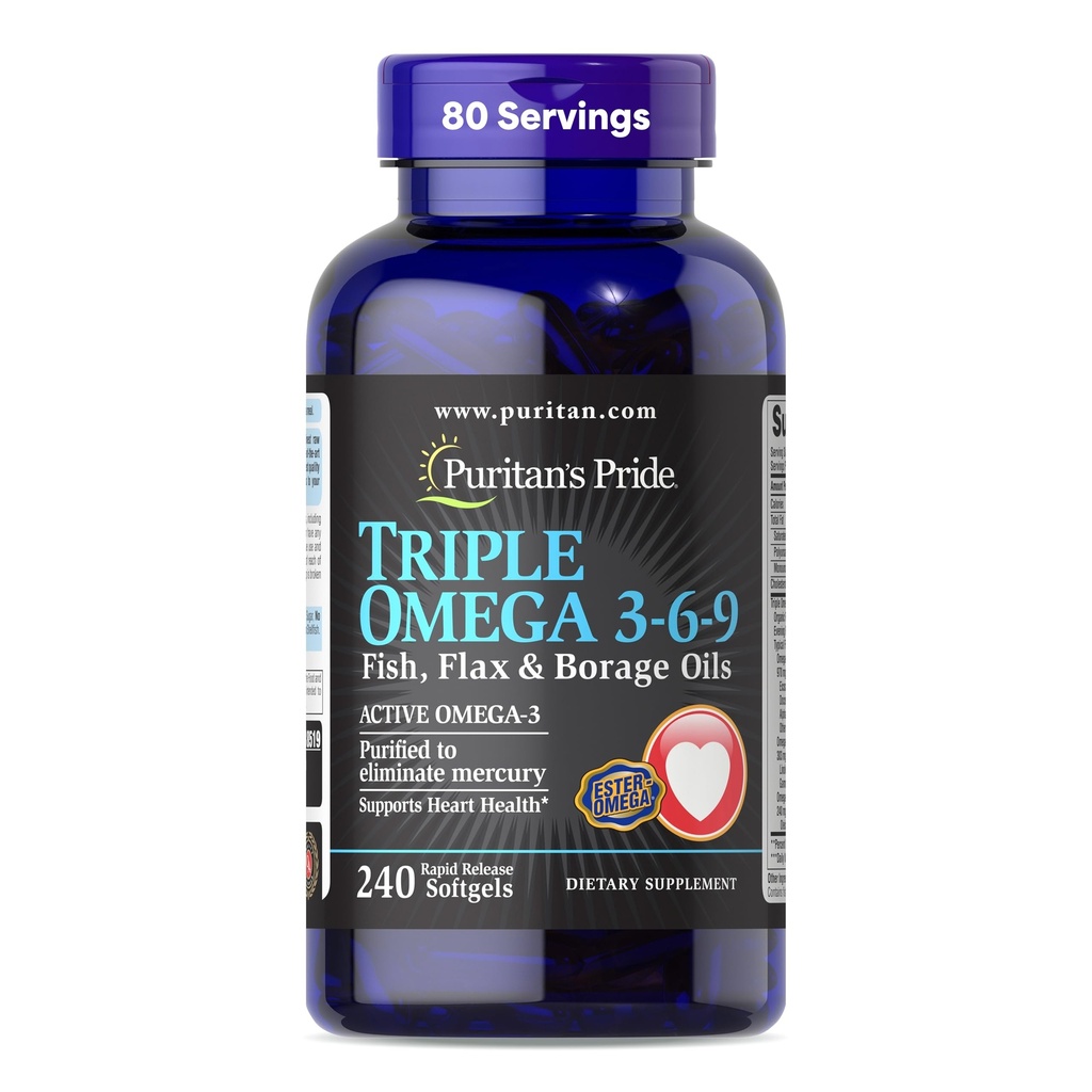 Puritan's Pride Premium Triple Active Omega 3-6-9 Fish, Ľan, a Borage Oils, Dietary Supplement for Heart, Joint, and Cellular Health Support, 240 Rýchle vydanie Softgels