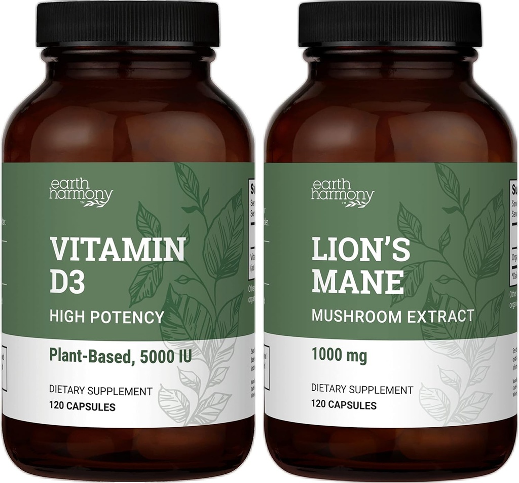 Earth Harmony Vegan Vitamín D3 5000 iu & Organic Lion's Mane 1000mg Supplement - 120 Kapsule Každá