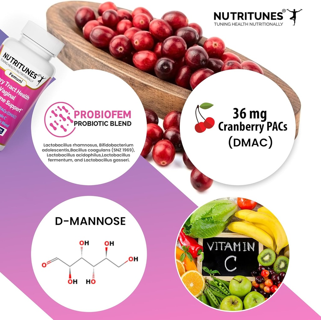 Brusnicové PAC s D Mannose Supplements for Women, Vitamín C and Women Vaginal Probiotic including Lactobacillus and Bifidobacterium kmene for Urinary Tract Health - 60 Femuni UTH Capsules