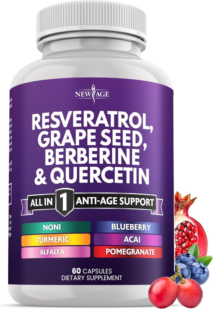 NEW AGE Resveratrol, Berberine, Grape Seed Extract, Quercetin - Polyfenol Supplement for Women and Men with Noni Extract, N-Acetyl Cysteine, Acai Extract - 60 Kapsule