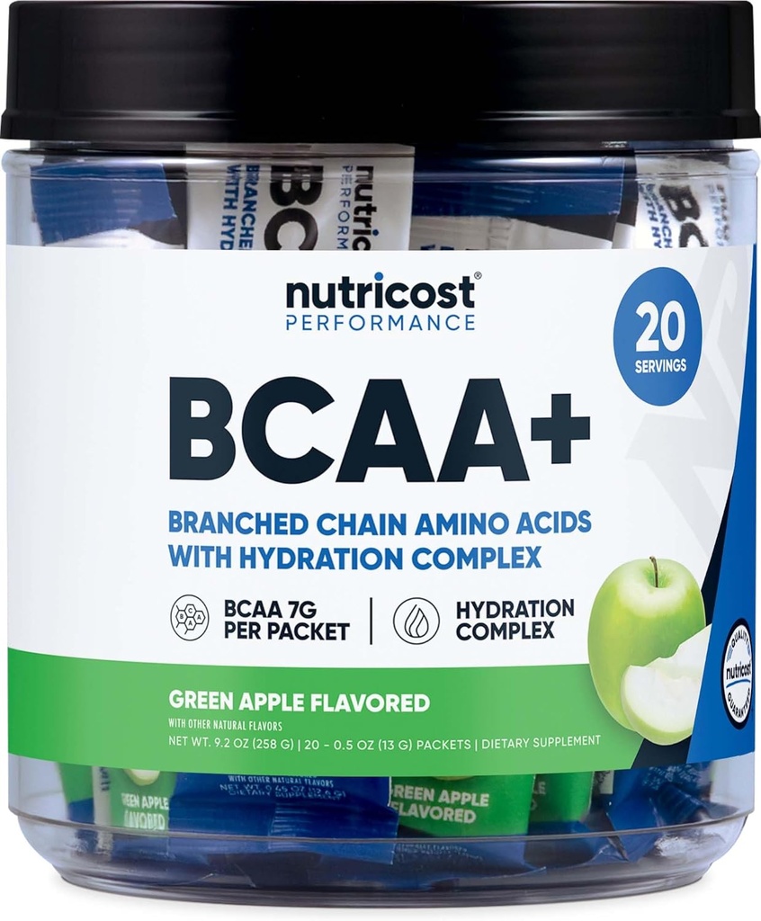 Nutricost BCAA+ Hydratácia Zelené jablko Ochutené (20 Stickpacks) - Aminokyseliny s rozvetveným reťazcom s hydratačným komplexom - bez lepku, bez GMO