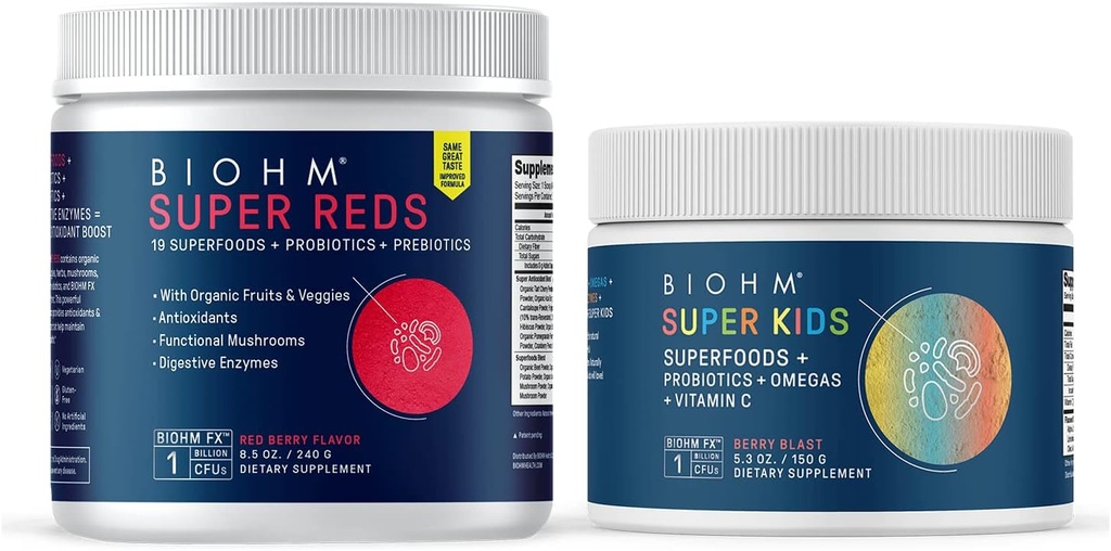 BIOHM Super Reds Superfood Powder, Tart Cherry & Super Kids Superfood Powder + Probiotiká, Beneficial Antioxidants & Omega-3 - Gluten Free, GMO Free, Dairy Free, žiadne umelé zložky