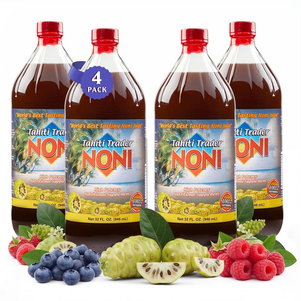TAHITI trader (4-PK) Original High Potency Noni Juice - Pure Noni Fruit Juice with Blueberry & Raspberry - Organic Antioxidant Superfood Supporting Energy & Body Health - (32oz, 4 balenie)
