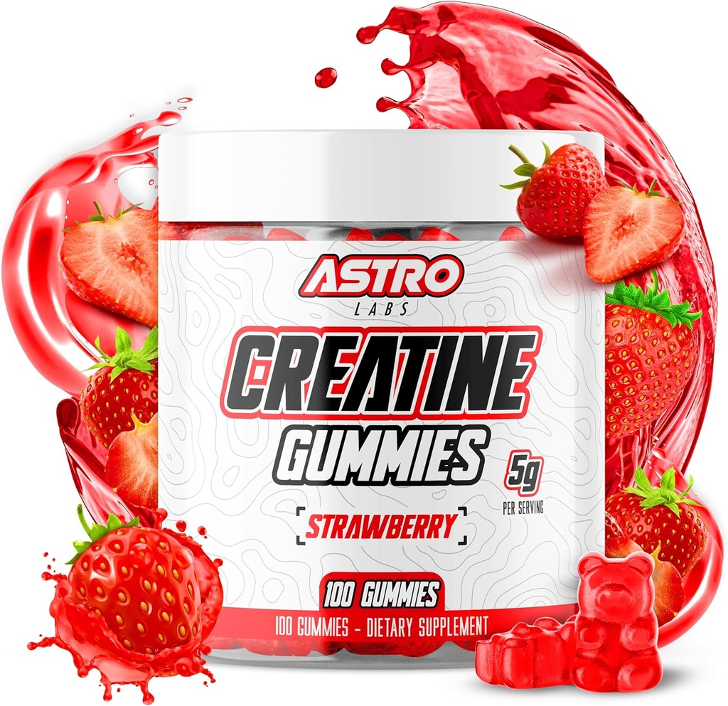 Kreatín Gummy pre mužov a ženy - 5g na obsluhu, zvýšiť silu, svalový zisk, zotavenie, vytrvalosť - Vegan, Gluten-free, Nízky cukor Kreatín monohydrát Gumies - Strawberry (100 Počet)