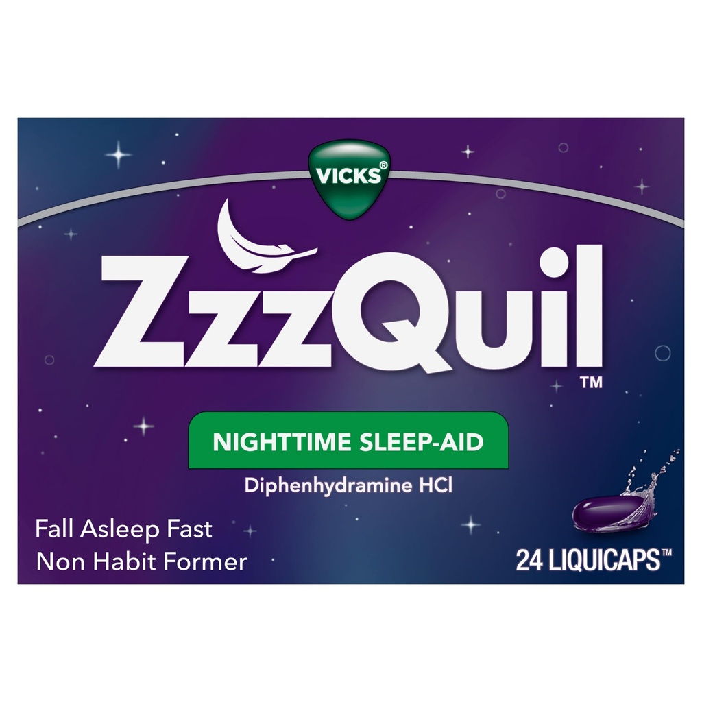 Vicks ZzzQuil, Nighttime Sleep Aid LiquiCaps, 25 mg Difenhydramín HCl, No.1 Sleep-Aid Brand, Non-Habit forming, Fall Asleep Fast, 24 Count