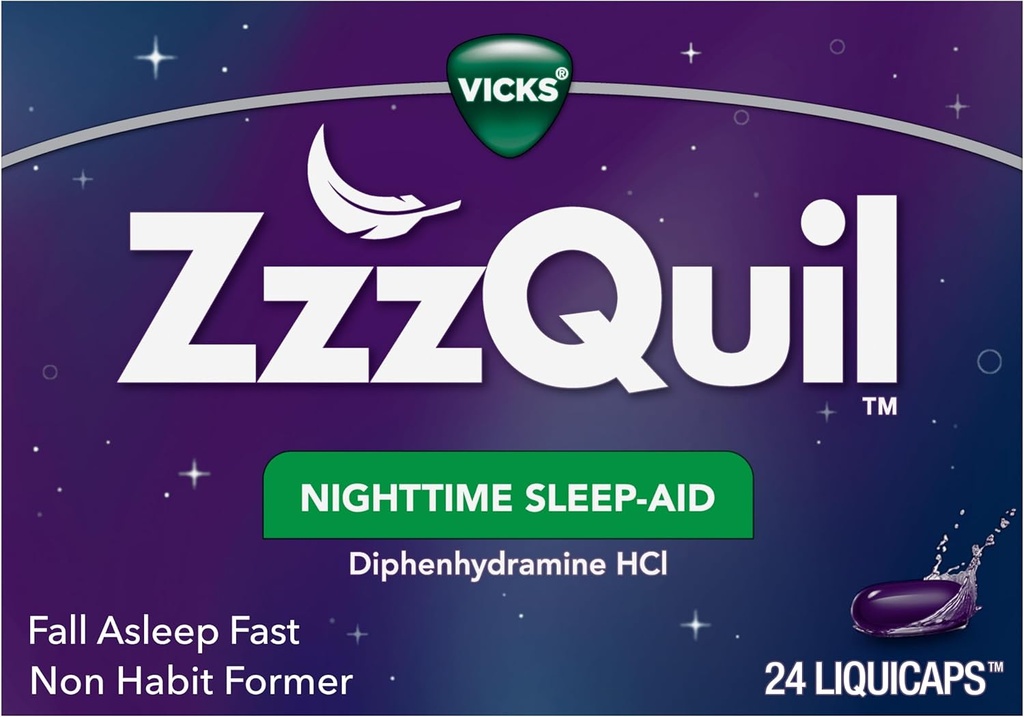 Vicks ZzzQuil, Nighttime Sleep Aid LiquiCaps, 25 mg Diphenhydramine HCl, No.1 Sleep-Aid Brand, Non-Habit Forming, Fall Asleep Fast, 24 Count