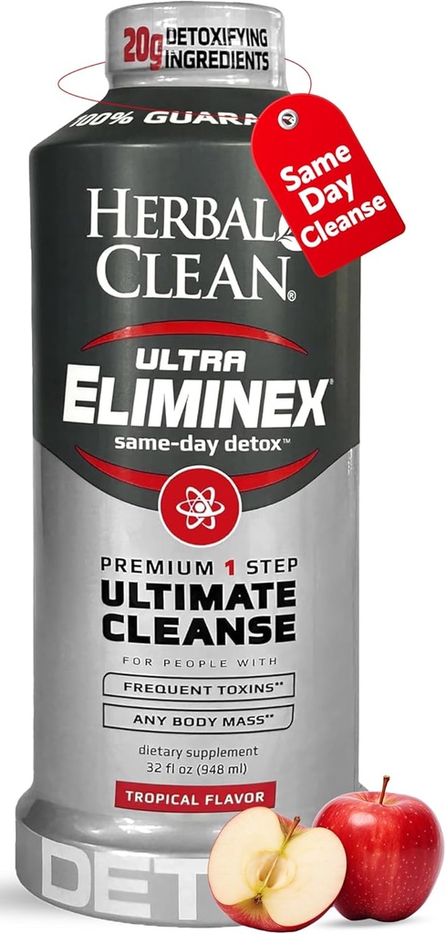 Herbal Clean Same Day Ultra Eliminex Detox Cleanse Drink* (32 fl oz) - Tropical Fruit Flavor Full Body Cleanse Detox Drink with Milk Thistle Seed* for high Toxin*, Vitamin B12 for Men & Women