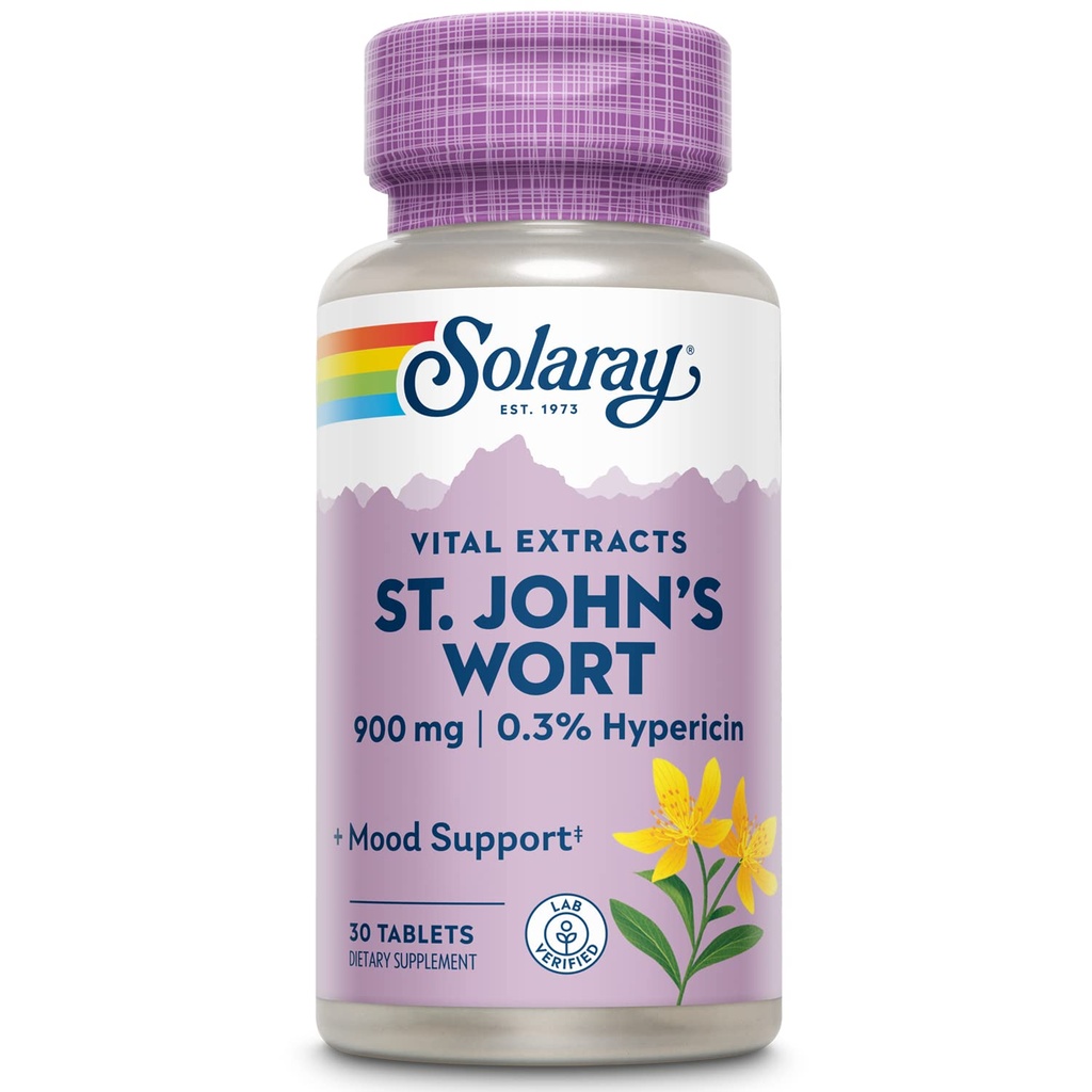 SOLARAY St John's World 900 mg, Once Daily Mood Suplement, Štandardizovaný na 0,3% Hypericín pre podporu zdravia mozgu a vyvážená nálada, 60-dňový záruku vrátenia peňazí 