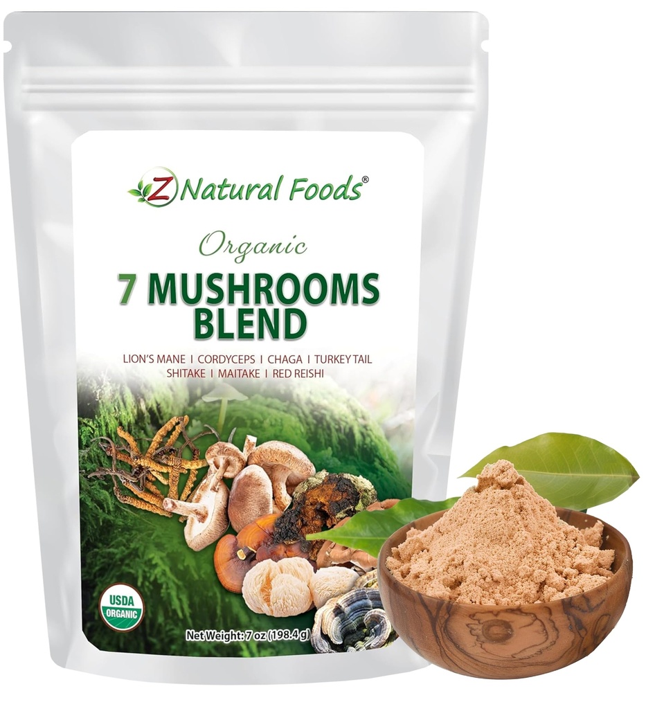 Z Natural Foods Organic 7 Sacred Mushrooms Blend - Mushroom Powder - Lion’s Mane, Cordyceps, Chaga, Red Reishi, Shiitake, Maitake & Turkey Tail Extract for Coffee, Smoothies, 7 oz