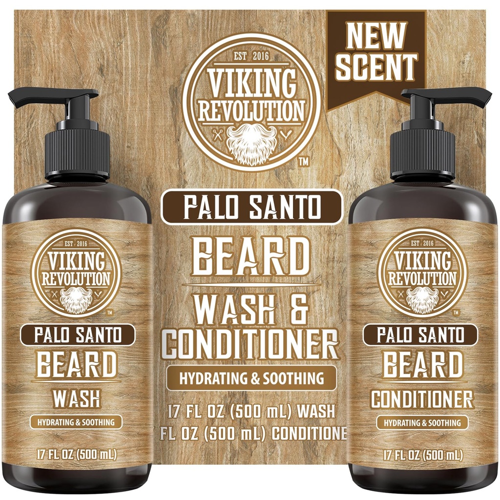 Viking Revolution Palo Santo Beard Wash and Beard Conditioner Set s argánskymi a jojobovými olejmi - Zmäkčuje a posilňuje - Prírodné Palo Santo Vôňa - Brada Šampón s koreňom ženšenu extrakt (17 oz)