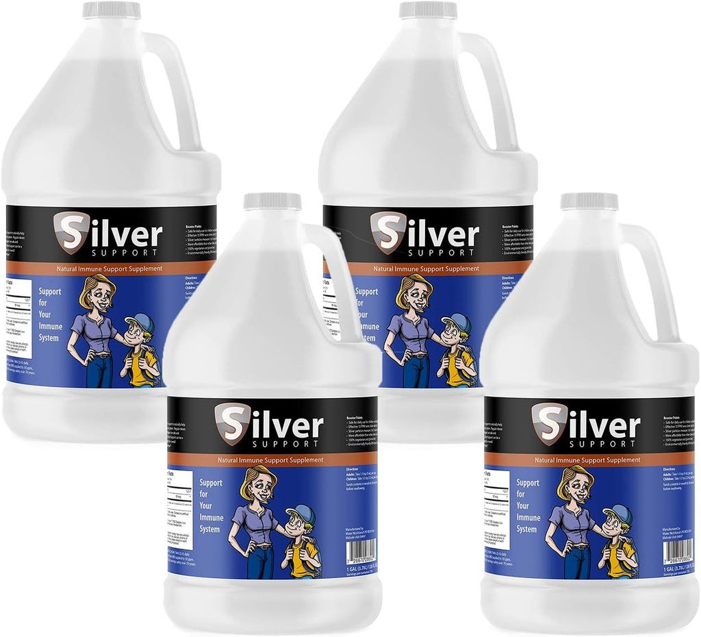 Silver Support - Herbal Immune Suplement, Nano-size Silver Solution, Immune Booster pre deti, Domáci miláčikovia a dospelí, Čistené striebro, oživte imunitný systém pre studenú a chrípku - 4 Gallons