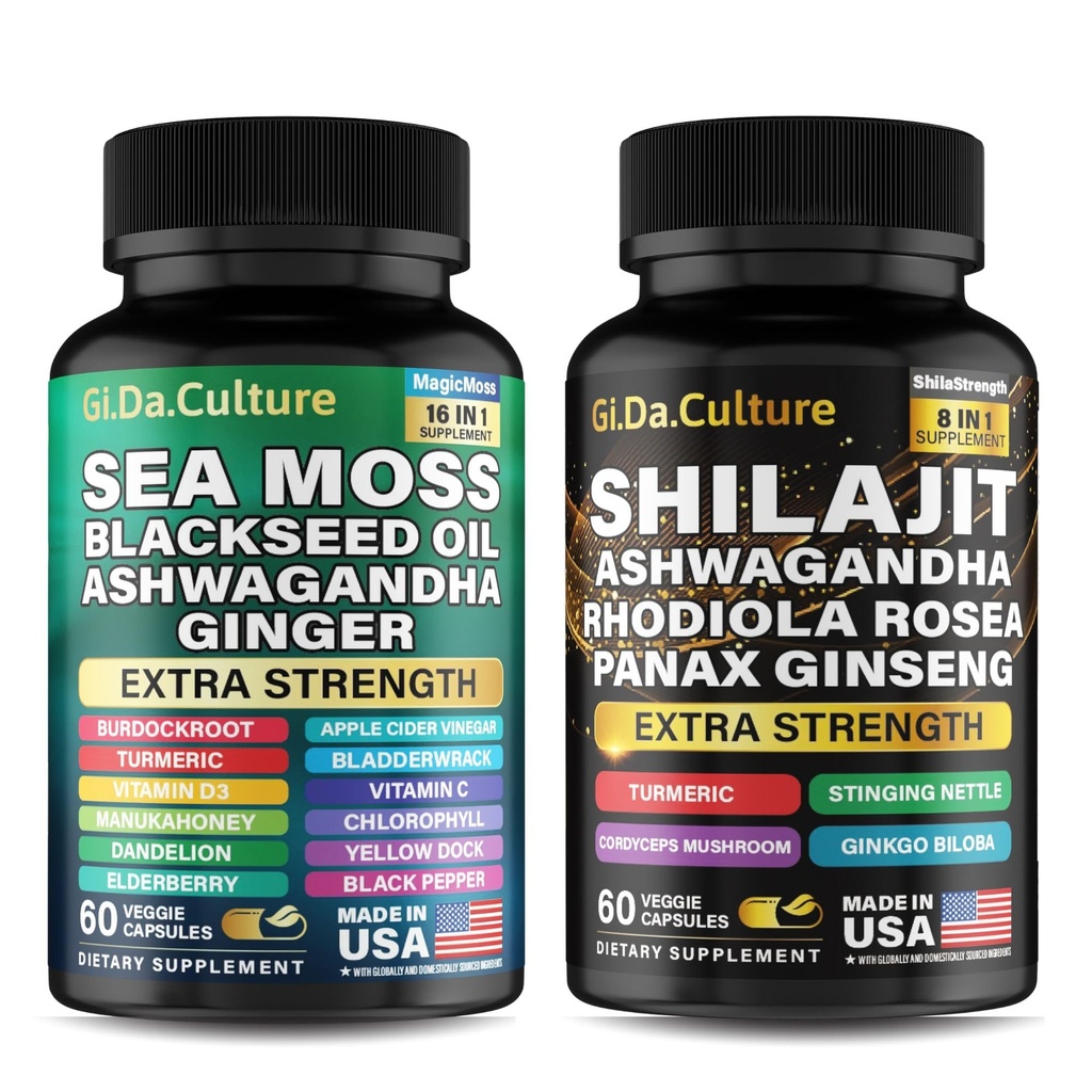 Shilajit a Sea Moss Combo - Sea Moss a Shilajit Bundle s Ashwagandha, Black Seed, Turmerica, Bladderwrack, Burdock, Black Pepper s vitamínmi a antioxidanty - 120 Veggie Kapsule