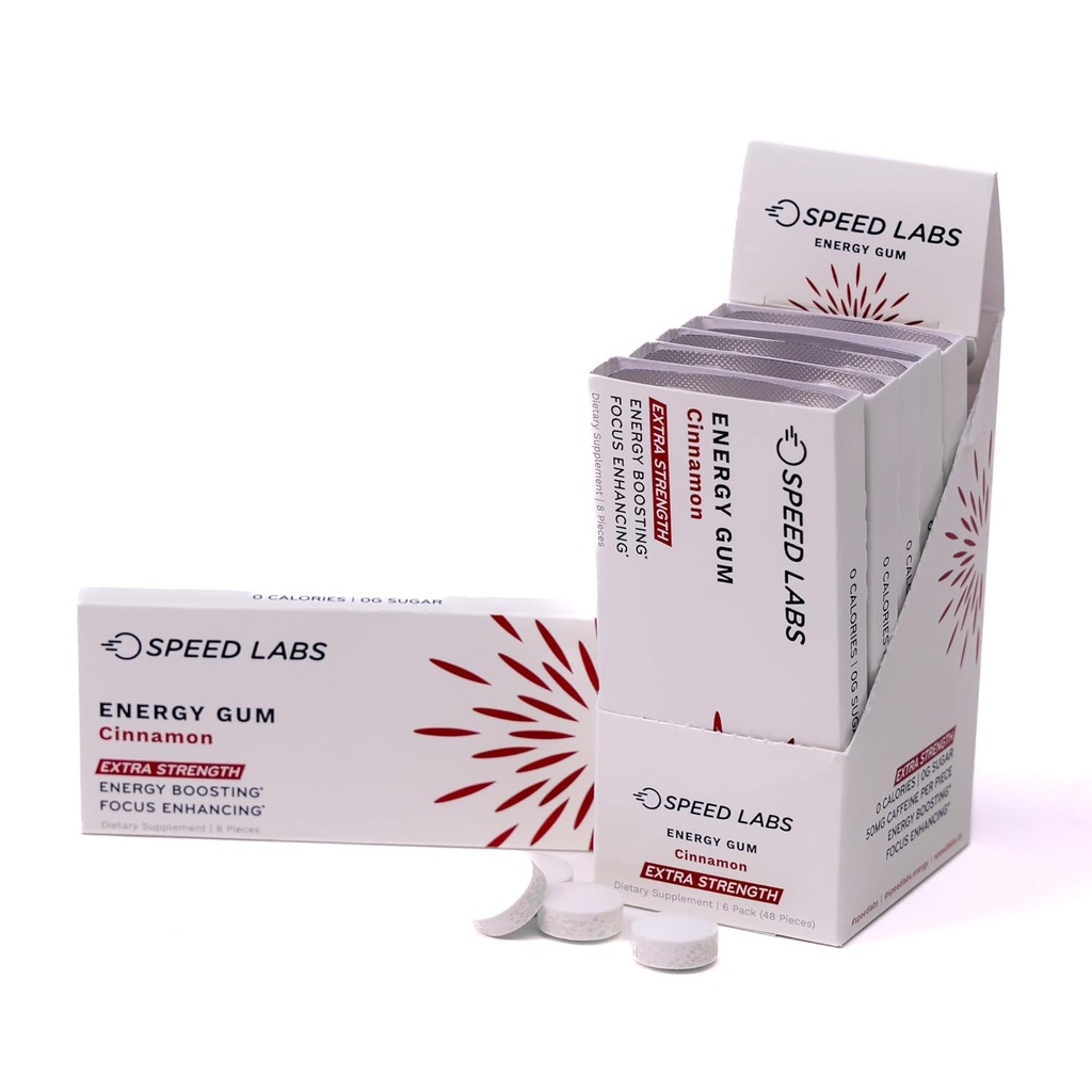 Rýchlosť Labs Škorica Extra sila Kofeín Žuvačka 50mg Kofeín, Taurín, & B Vitamíny na kuse, 48 kusov (6 balení 8 kusov) Bez cukru, Zero kalórií, No Aspartame, Gluten Free