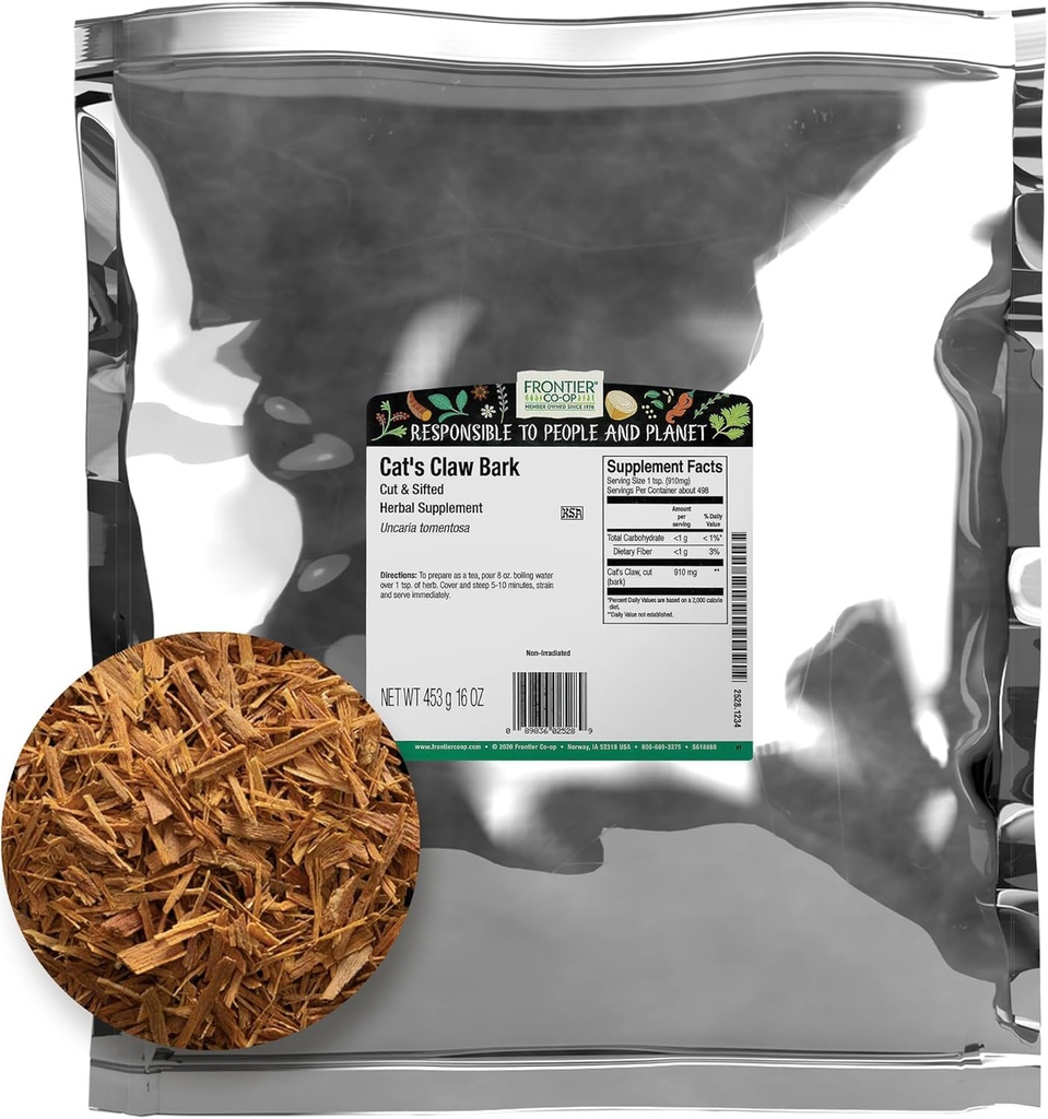 Frontier Co-op Cat's Claw Bark, 1lb hromadná taška, rez a preosiate - 100% Pure & Natural Cat Claw Herb, Ideálne pre čaje, Tinktúry, a bylinné použitie, Kosher