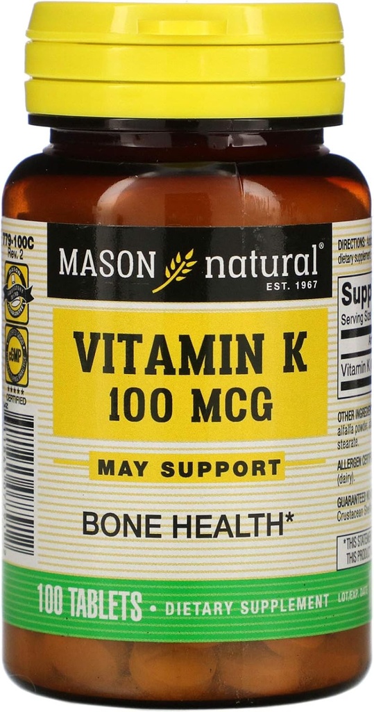 Mason Vitamíny Vitamín K 100 μg Tablety, 100- Count Fľaše