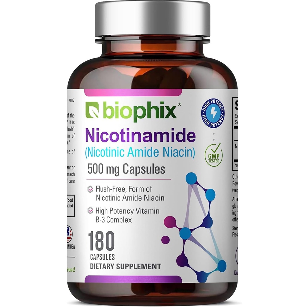 biofil B-3 nikotínamid 500 mg 180 Caps - Nicotinic Amide Niacin Natural Flush-free vitamín Formula - podporuje zdravie kožných buniek