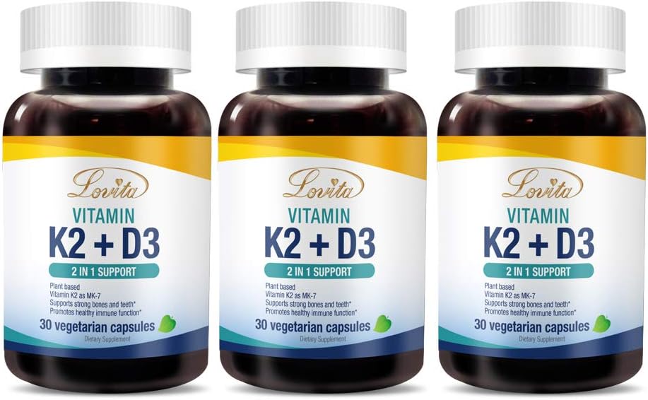 Lovita Vitamín K2 + D3, 400 IU Vegánsky vitamín D3 & 120 μg Vitamín K2 (MK-7), 2 vo forme, Imunitný vitamín komplex, podporuje vaše srdce, zuby a imunitné funkcie, 30 vegetariánskych kapsúl (pack of 3)