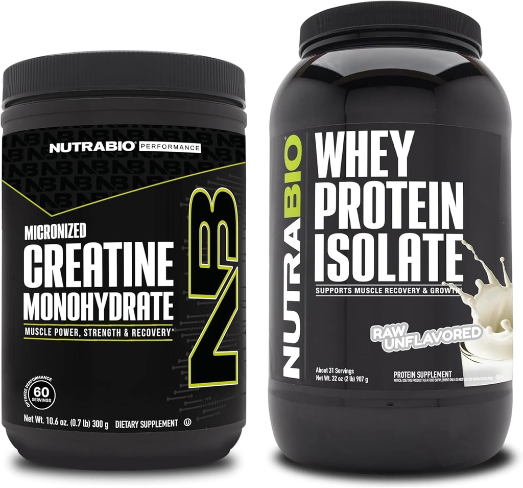 NutraBio Kreatinný monohydrát, Neochutený, 300g a srsť proteín izolát, Neochutený, doplnok Bundle - svalová energia, Lean svalového rastu, zotavenie, a sila
