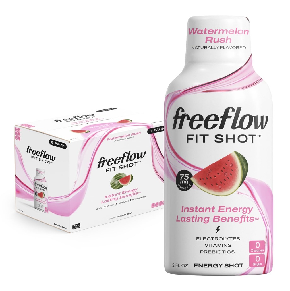 Freeflow Fit Energy Shots, Watermelon Rush, Natural Caffeine Boost s L-teanínom, Ženšen, Vitamíny, Prebiotiká, Elektrolyty (6 počet, 2oz Shots)