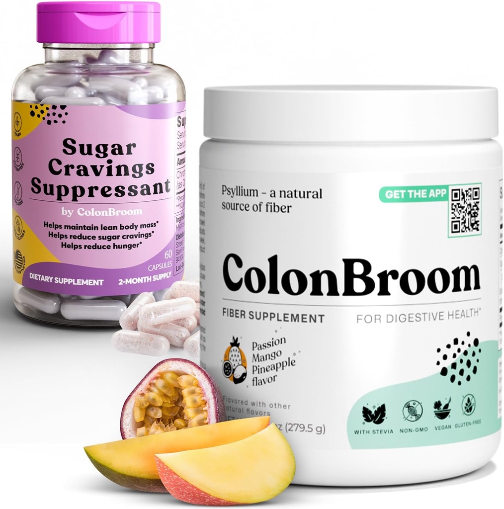 ColonBroom Psyllium Husk prášok Cukor Chladiaci Dusičnan - Chromium Picolinate 200mcg, 2 Položky - Colon Cleanser Fiber Supplement (50 Servings) + Cukor Craving Supressant (60 Servings)