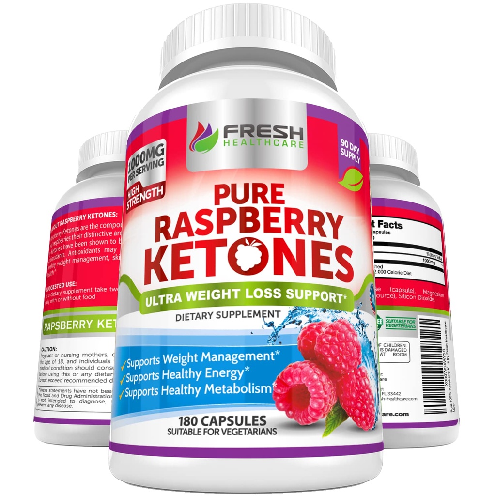 ČERSTVÁ ZDRAVOTNÍCKA Pure 100% Malinová Ketones Max 1000mg Per Serving - 3 mesiace Zásobovanie Non GMO - Advanced Weight Loss Support - 180 Kapsule