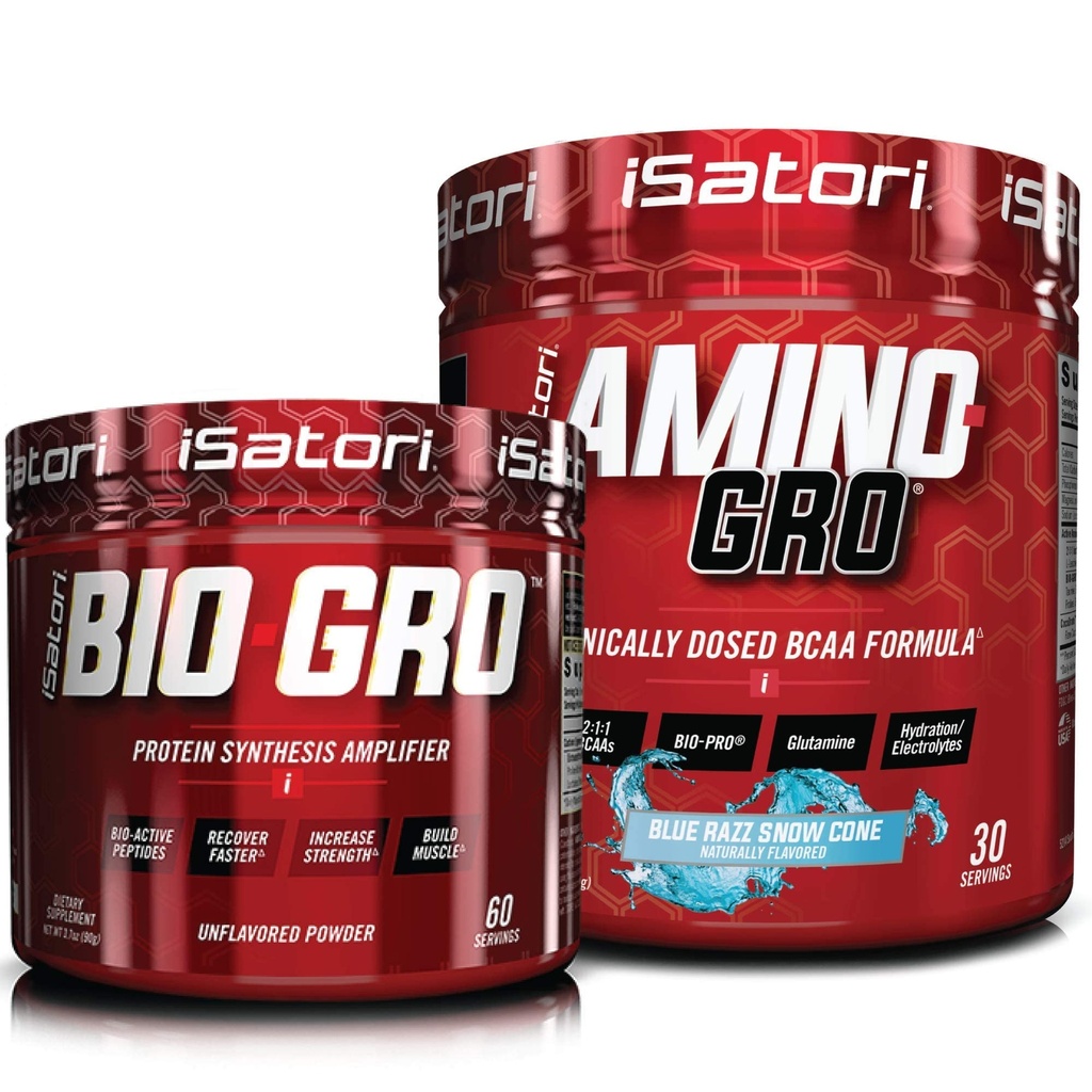 iSatori Bio-GRO Protein Synthesis Zosilňovač - Neochutený (60 Servings) & iSatori Amino-GRO BCAA Powder - Blue Razz Snow Cone (30 Servings)