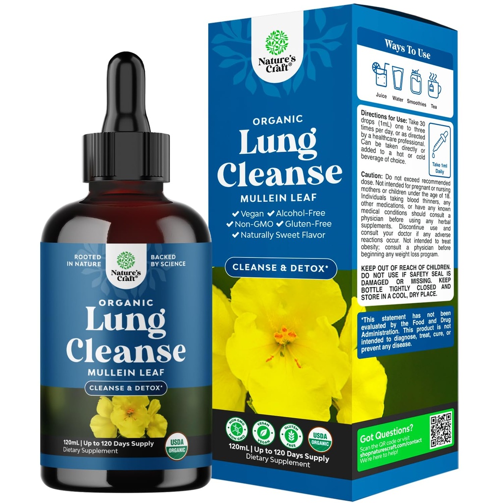 USDA Organic Mullein kvapky pre pľúca - bylinné Lung Detox a očistiť s Marshmallow Root Extract & Plantain Leaf pre respiračné pľúca zdravie - Mullein Leaf Tinktúra kvapky na podporu dychu - 120ml