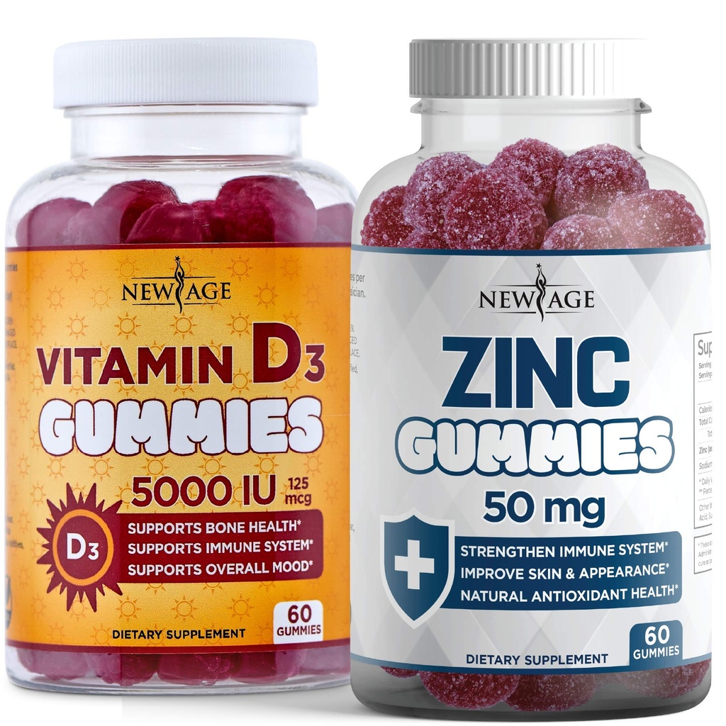 NEW AGE Imunitná obrana Combo - 2 balenia - vitamín D3 Gummy 5000 IU 125 μg a vysoká potencie Zinkové Gumies, Immune Booster 120 Počet