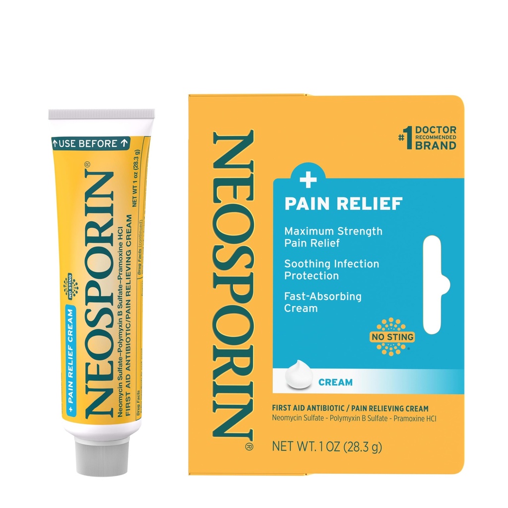 Neosporín + krém s duálnou akciou s maximálnou silou bolesti, topický antibiotický krém prvej pomoci a analgézny krém pre starostlivosť o ranu malých rezov, šrapne a popáleniny, polymyxín B & Pramoxín HCl, 1 oz