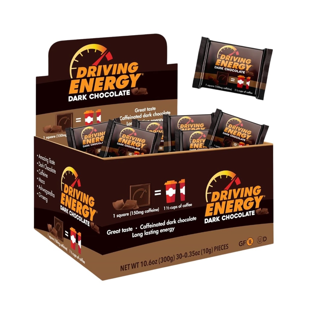 Driving Energy - Kofeínová energetická veľkosť - Tmavá čokoláda Palivo s 150 mg kofeínu - Long-Lasting pre telocvičňu, Cvičenie, dospelí - Veľká chuť - Nízkokarb - Zdravé Snack - 30 Počet