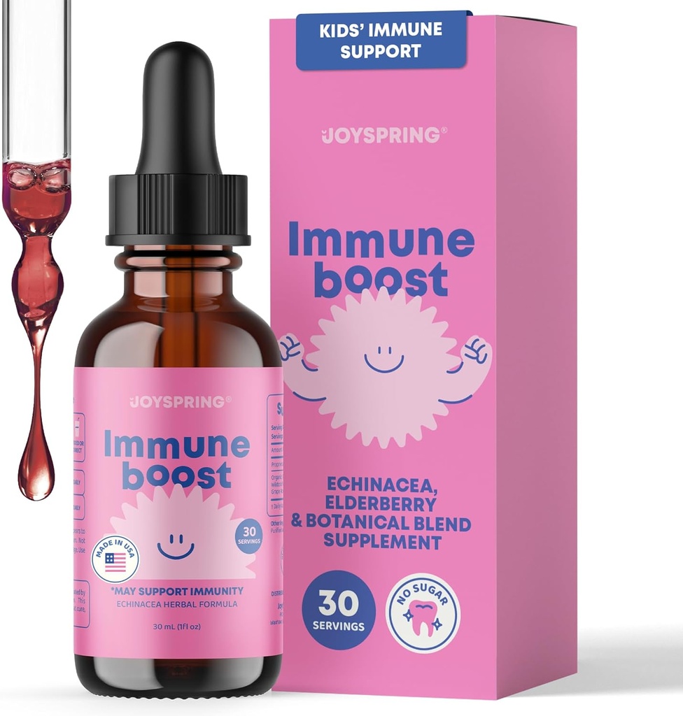 JoySpring Immune Drops - Deti Immunotion Suplement (1 fl oz, 30 Servings) s organickými bazami kvapaliny, Echinacea, Oregon Grape Root & Orange Peel pre veky 2-16+ Roky a dospelí