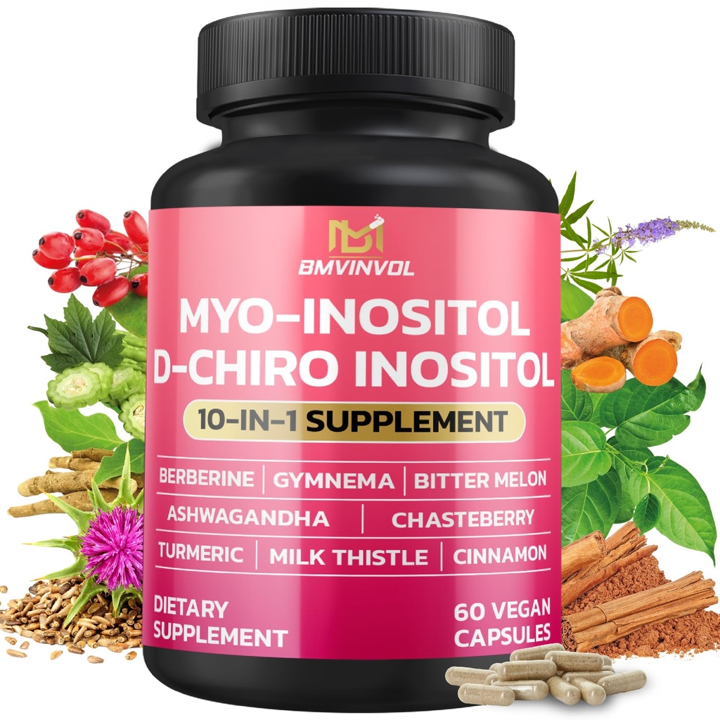 BMVINVOL Inozitol Supplement - Myo-Inozitol a D-Chiro Inozitol Ideal 40:1 Ratio - Plus Berberine, škorica, Ashwagandha + 5 Ďalšie - 60 Kapsule