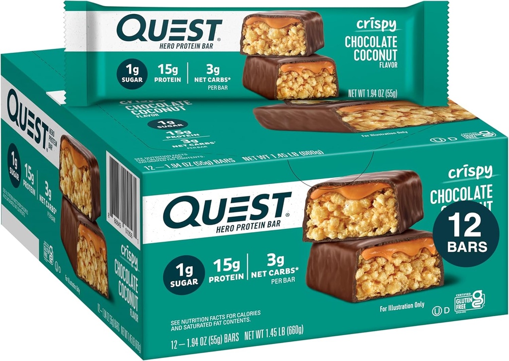 Quest Nutrition Crispy Chocolate Coconut Hero Protein Bar, 15g Protein, 1g Cukor, 3g Net Carbs, Gluten Free Protein Snack, Keto Friendly, 12
