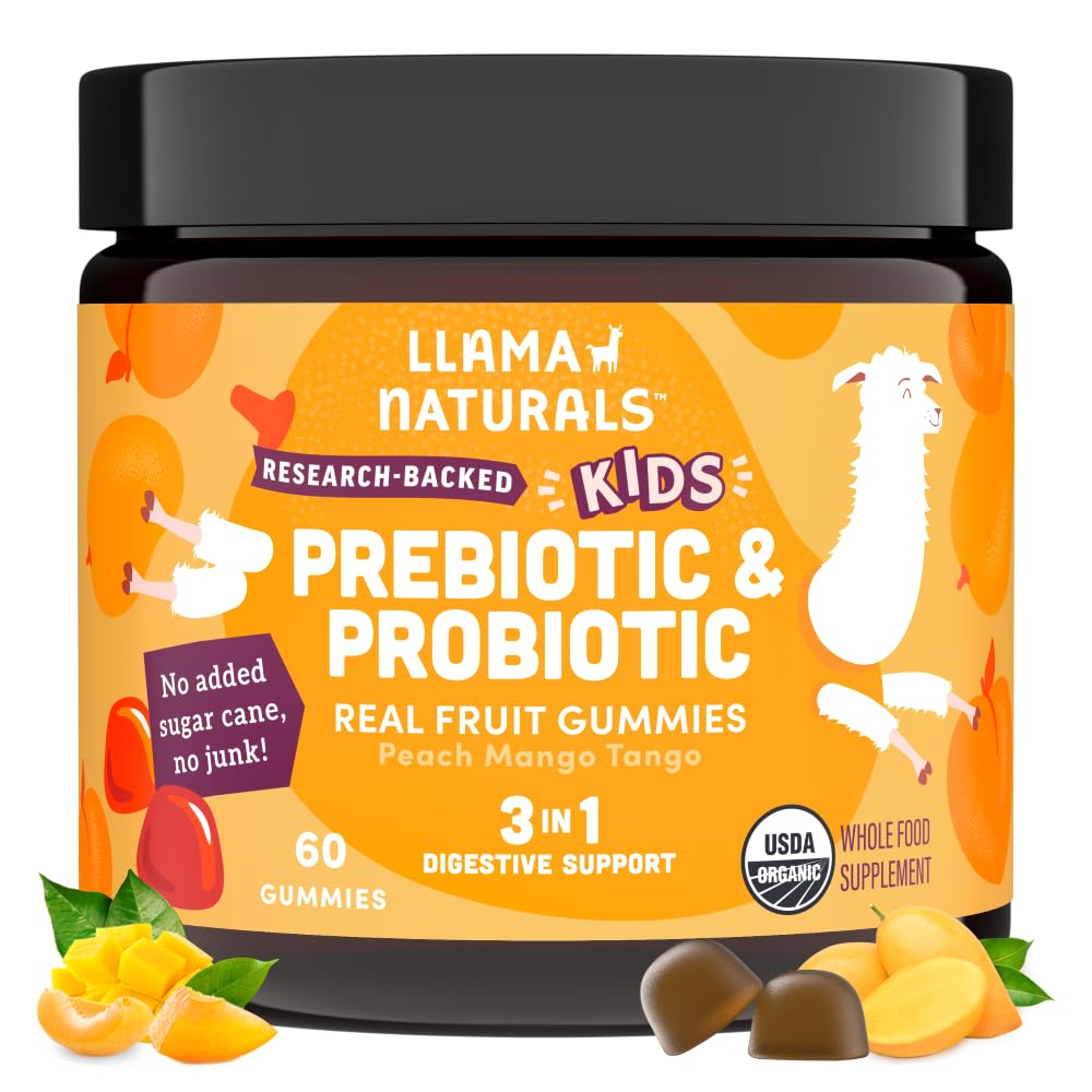 Llama Naturals Kids Probiotiká s prebiotickými Fiber, Vegan, Organic Prebiotiká a probiotiká Gummy pre podporu zdravia Gut, Batoľa skutočné ovocie Gummy vitamíny, žiadny pridaný cukor trstiny, Peach Mango, 60 Ct
