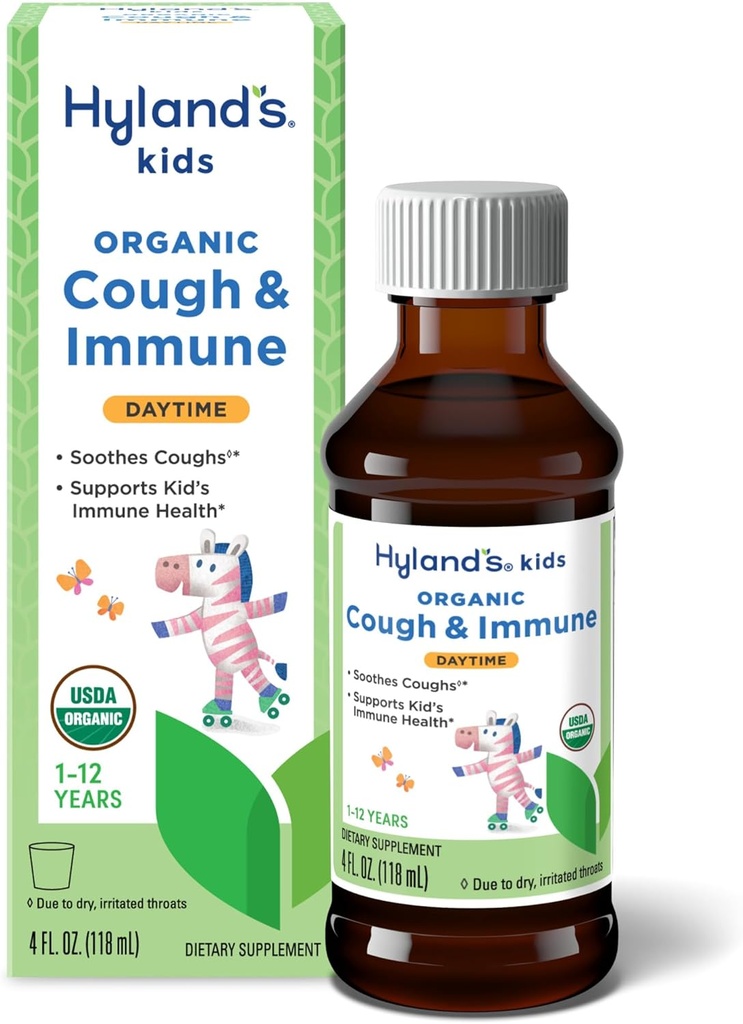 Hyland's Kids Daytime Organic Cough Sirup and Immune Support with Agave, Elderberry and Pomegranate, Sootes Cough, and Supports Imunity, 4 Fl. Oz