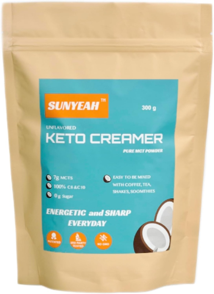 SUNYEAH MCT Powder- MCT Oil Powder, KETO Coffee Creamer, Pure C8 C10, No-Cugar, Z kokosu, 300 g, Výborný v káve, čaju, vody, Shakes, Smoothies, Neochutené, No-GMO